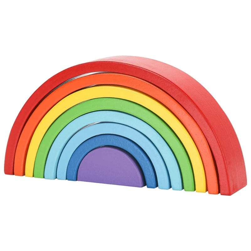 

Wooden Colorful Rainbow Building Blocks Montessori Toy Arch Bridge Kids Assemble L9CD