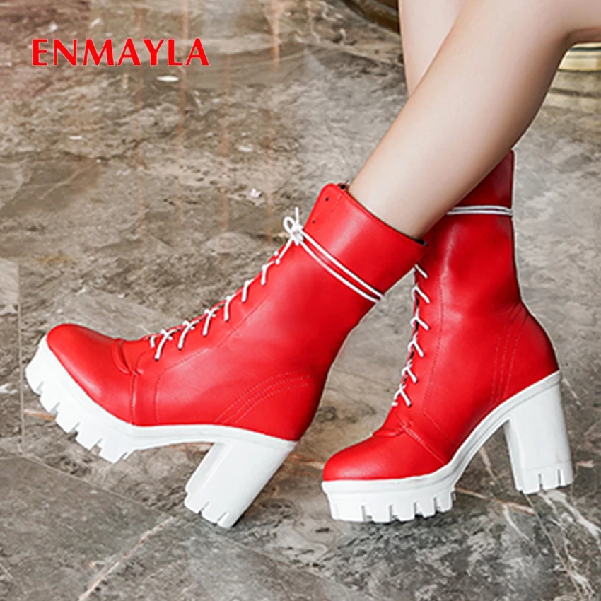 

ENMAYLA Round Toe Lace-Up Motorcycle Boots Square Heel Super High Mid-Calf Short Plush Solid Women Boots Black Red White Boots
