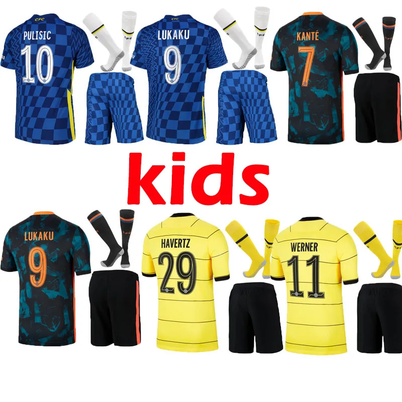 

2022 Детская футбольная рубашка, Детский комплект 21 22 LUKAKU MOUNT PULISIC HAVERTZ KANTE WERNER chfootballaes, Детские комплекты, Camiseta