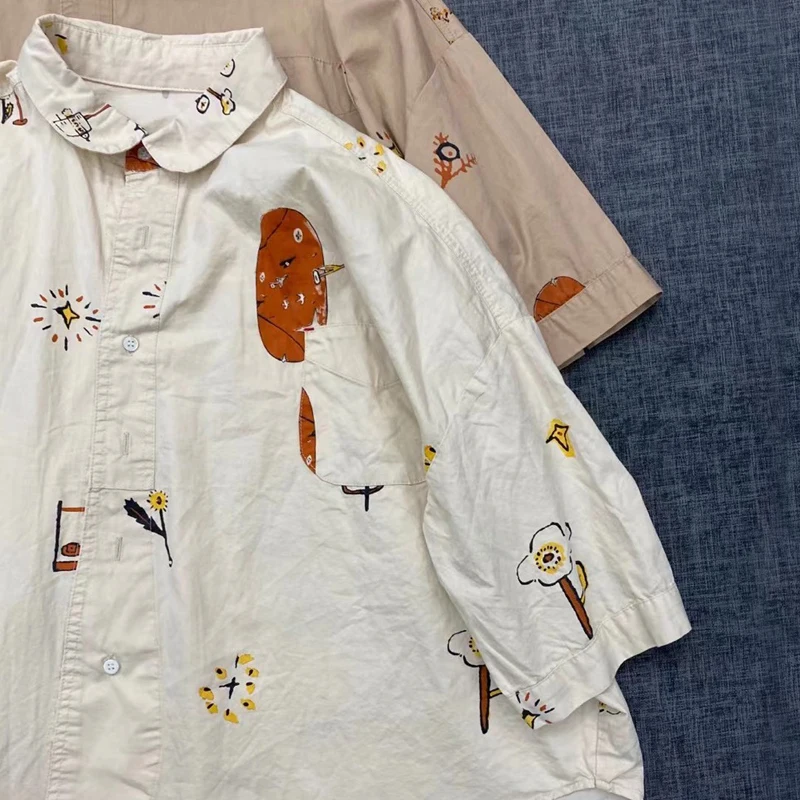 

Johnature New Japanese Women Shirts 2021 Summer Loose Cadigan Print Turn-down Collar Female Blouses