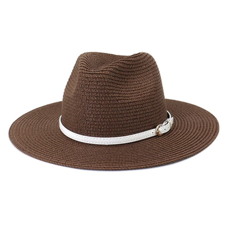 

summer straw hats men women solid black khaki white sun hats belt band classic simple casual big brim sun protection panama hats