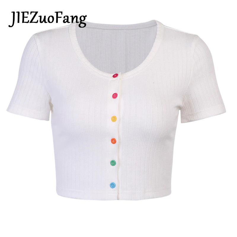 JIEZuoFang Tops Sexy Faashion Lace T-shirt For Women Multiple Colors Buttons Summer Slim Exposed Navel Popular T-Shirts Girl | Женская