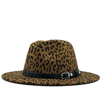 new women felt belt fedora hat with wide brim leopard print jazz hat elegant lady autumn sombrero godfather female hat