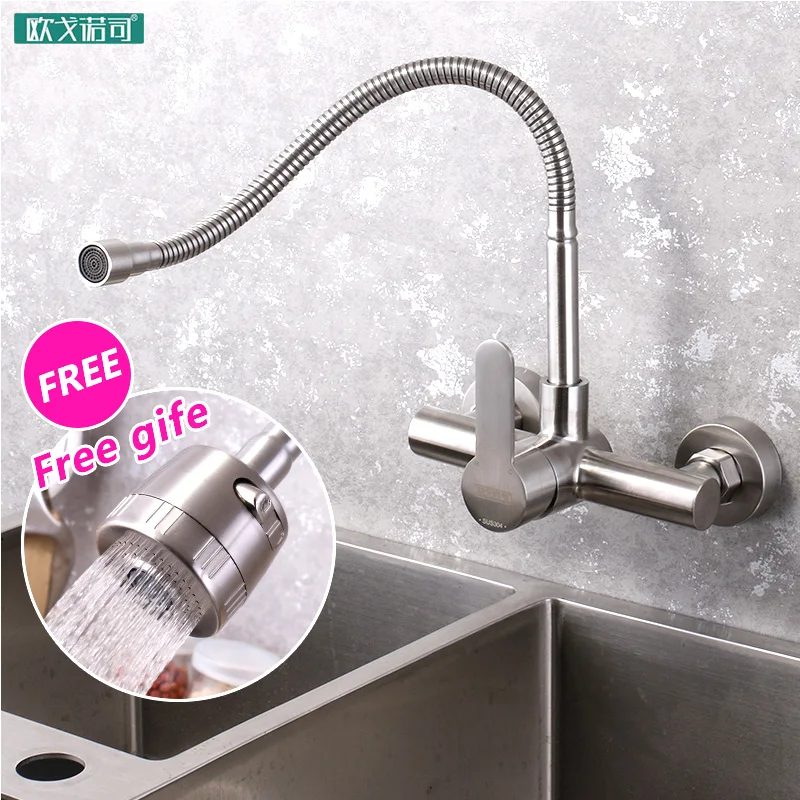 

Wall mounted black kitchen faucet single handle double holes hot and cold water