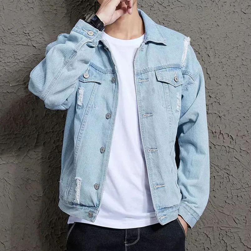 Мужская винтажная джинсовая куртка рваная большого размера с длинным рукавом