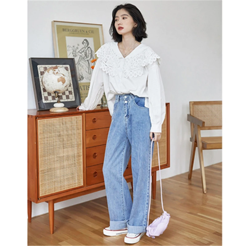 

Women's White Blouses Autumn Sweet New Casual Loose Hollow Peter Pan Collar Single Breasted Females Shirts Simple Shirt Tops