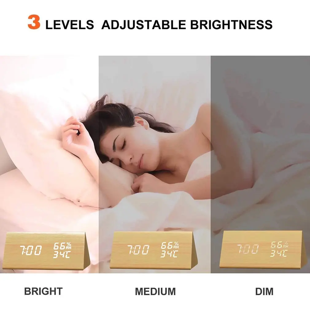 

Humidity And Temperature Alarm Clock Triangle Digital Baby Room Wood Clock Mute Luminous Led Electronic Gift