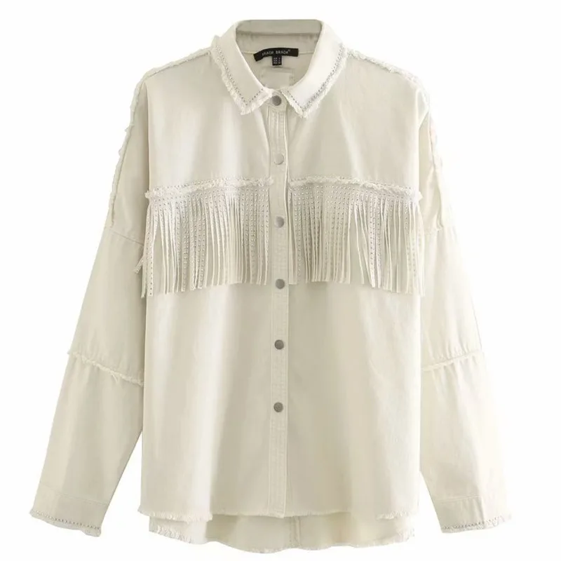 

Женская куртка с длинным рукавом, однотонная Свободная куртка с длинными рукавами и отложным воротником, с кисточками и заклепками, осень ...