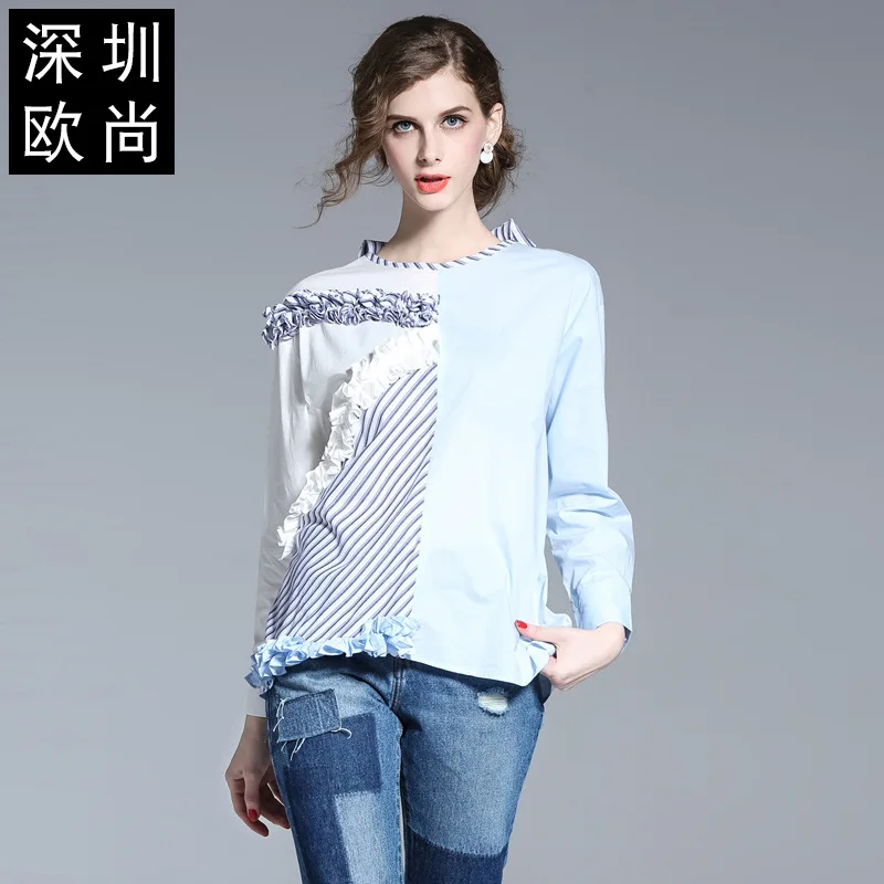 

Base coat 2018 autumn women's irregular contrast stripe pleated ear edge back button Pullover
