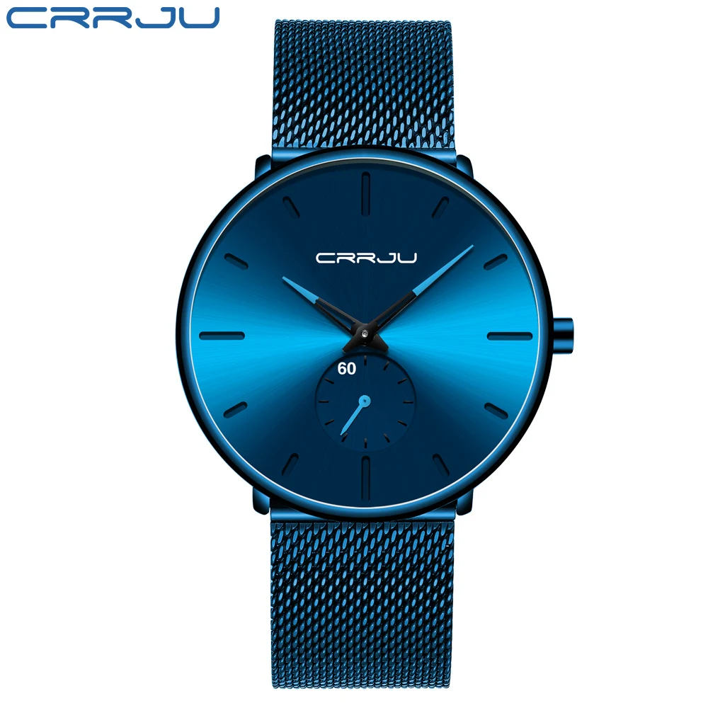 blue blue CRRJU2150 модные мужские часы Лидирующий бренд повседневные ультра-тонкие сетчатые Стальные наручные часы мужские черные классические спортивные водонепроницаемые кварцевые часы - Цвет: blue blue
