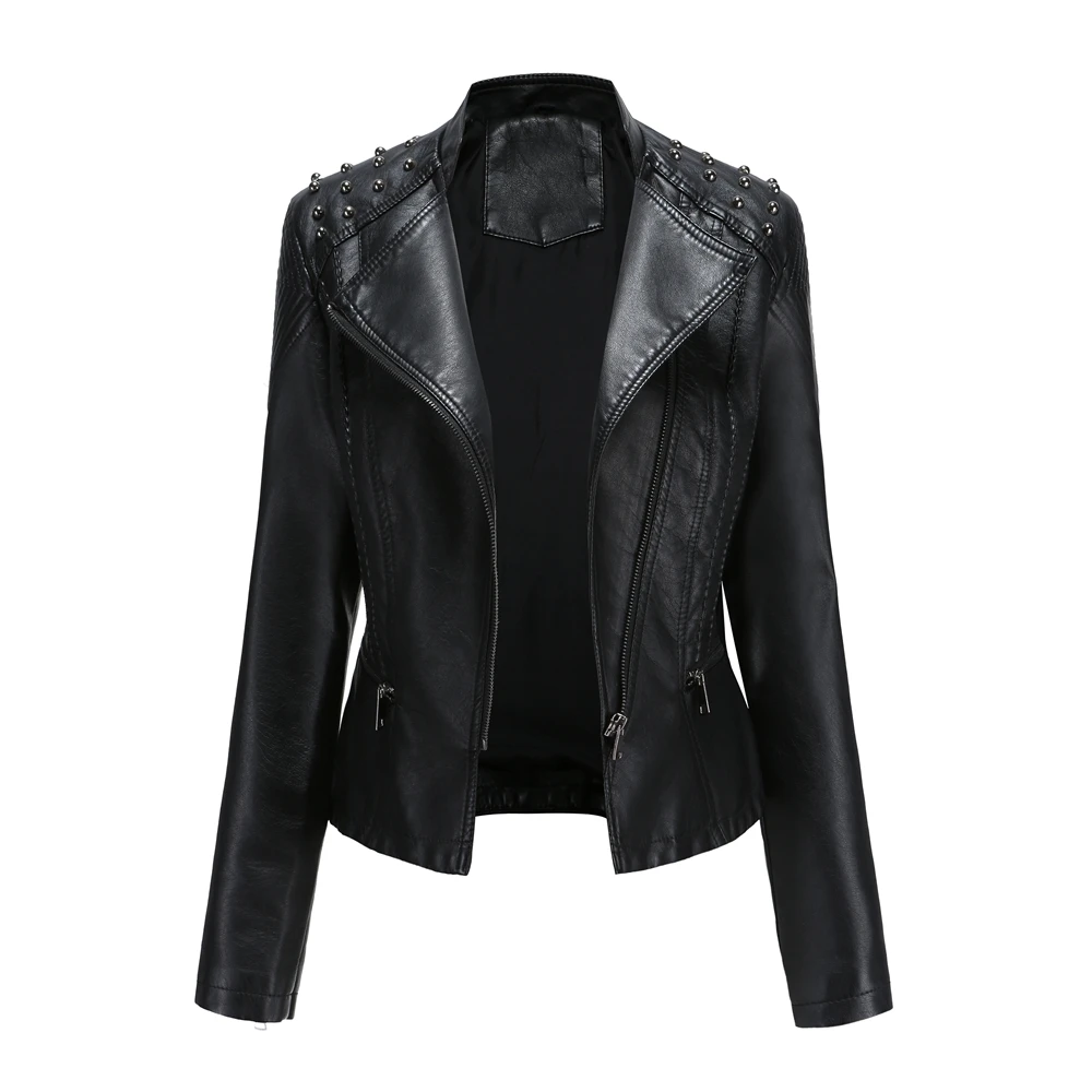 PU Leather Jackets for Women Oversize Leather Biker Jacket with Rivet Plus Size Motorcycle Coat Black Faux Leather Jacket 2020
