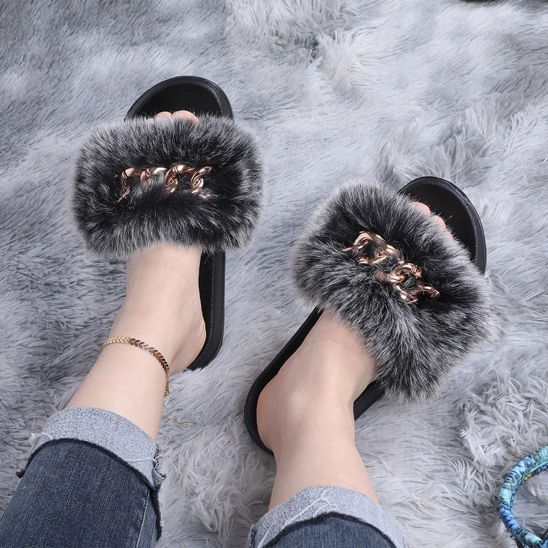 

Summer Women Fox Fur House Slippers 2021 Real Fur Slides Female Flip Flops Casual Fur Flat Sandals Furry Fluffy Plush Shoes