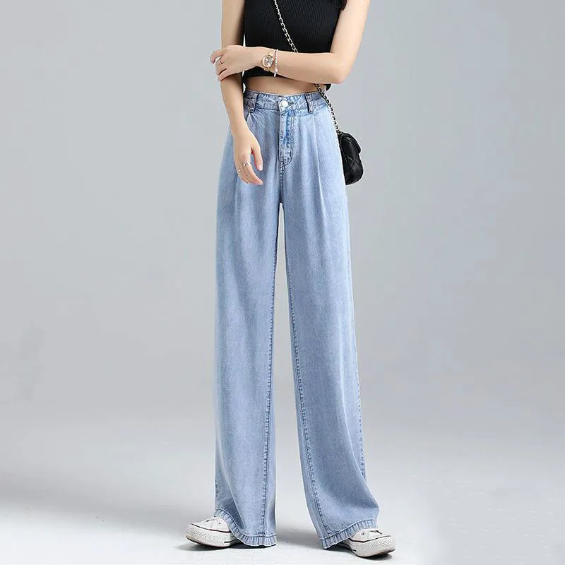 

Джинсы женские тонкие свободные в стиле ретро, прямые брюки полной длины из денима с завышенной талией и широкими штанинами, с эластичным по...