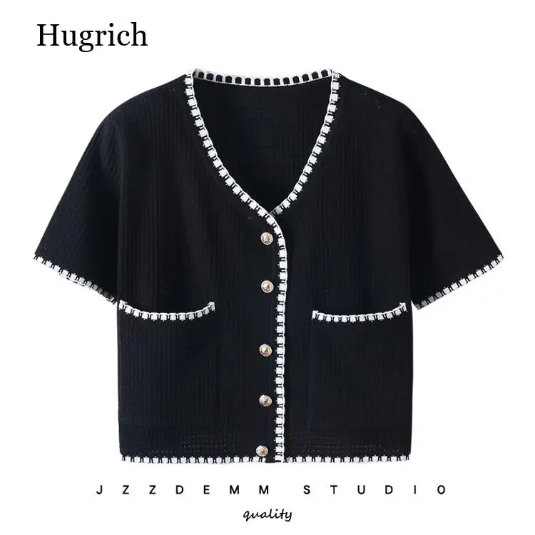 

Elegant Blouses Women Korean Knitted Top Cropped Female Short Sleeve Button Up Shirt Slimming Jacket Femininas