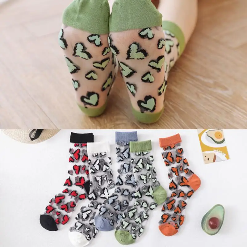 5 Pairs Girls Heart Daisy White Cotton Thin Glass Ankle Socks Fashion Summer Crew Sock Women Transparent Crystal Ankle Socks
