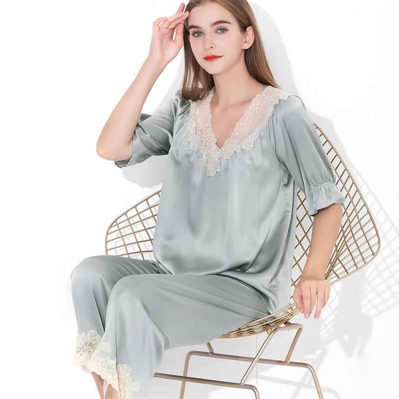Maison Gabrielle 100% Mulberry Silk Lace-Trimmed Pajamas Set Short-Sleeve 2-Piece Set Loungewear For Women