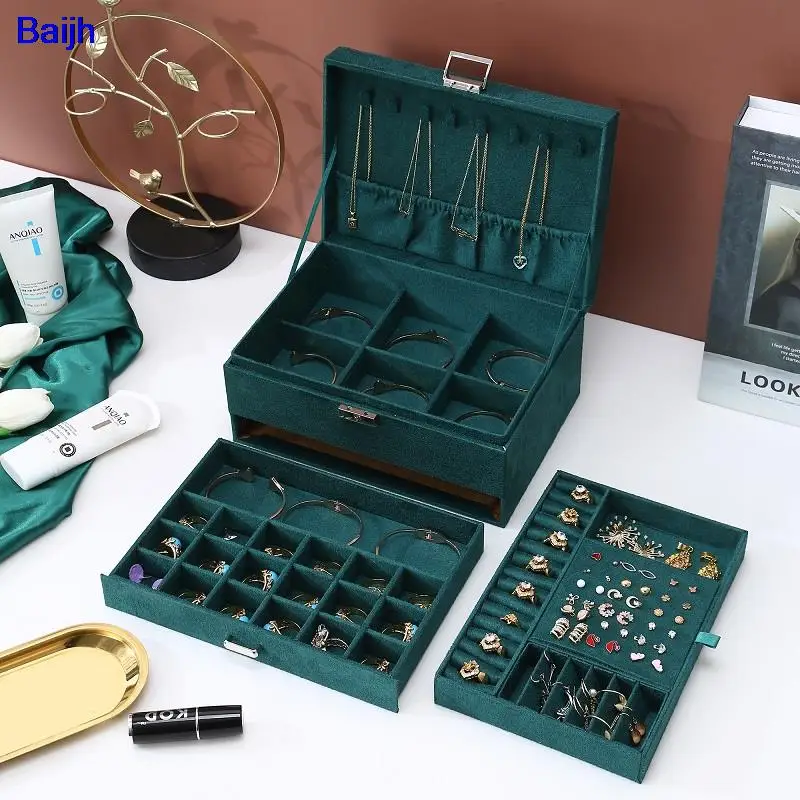 

2021 New Green 3-Layer Flannel Jewelry Organizer Necklaces Earrings Rings Display Holder Case for Women Large Capacity Gift Box