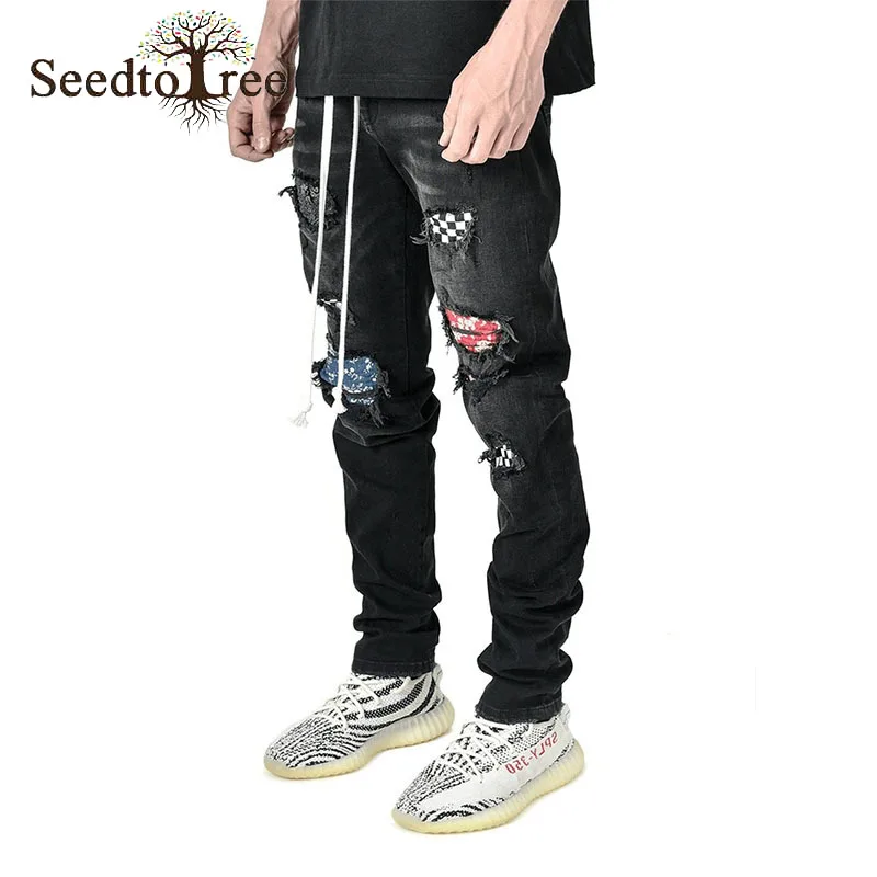 Men's Hole Casual Jeans Men Straight Slim Denim Trousers
