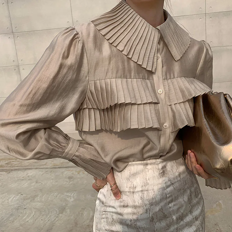 

Turn-down Collar Single-breasted Loose Tops Pleated Blouse See Through Shirt Women 2021 Spring New Fashion Blouses Blusas 13078