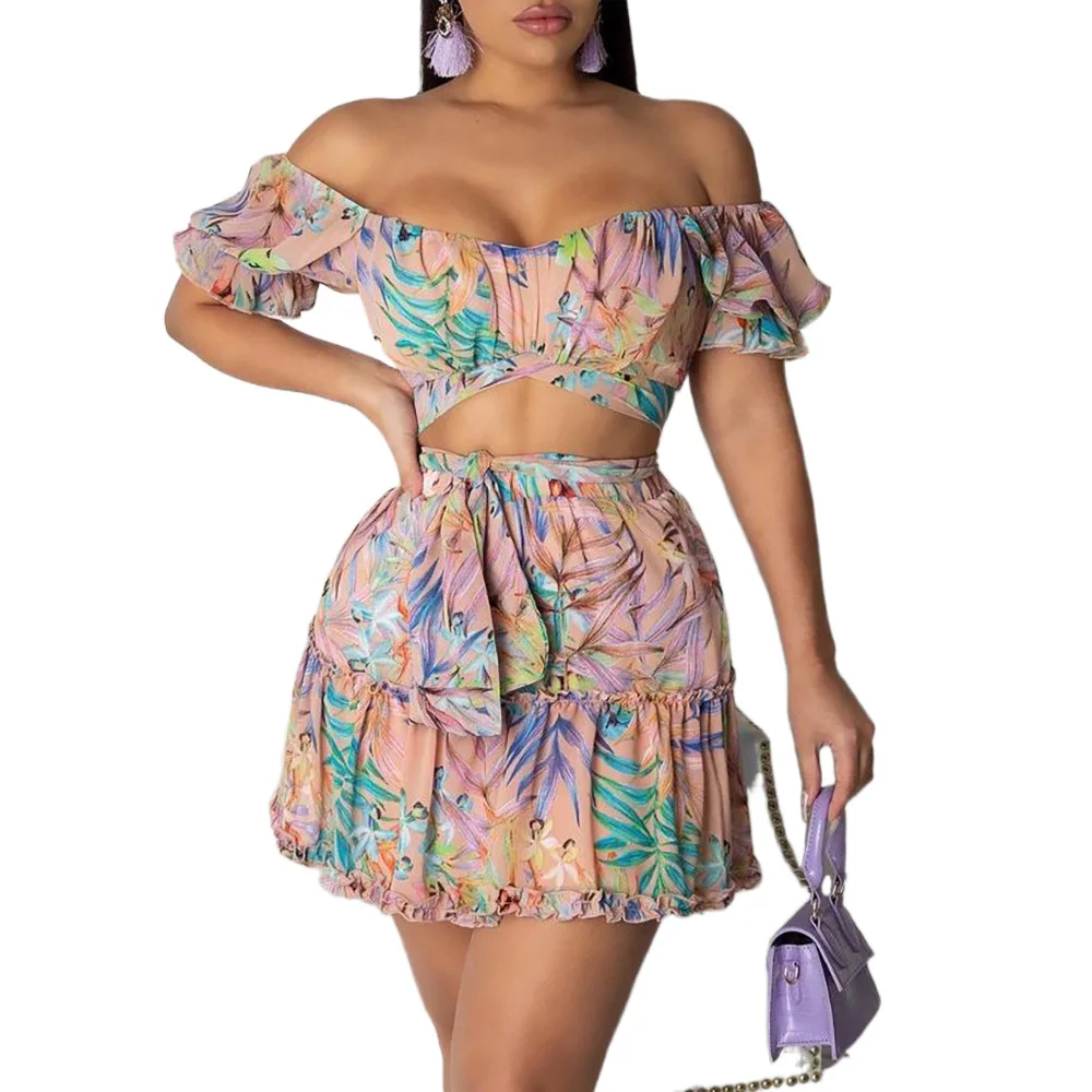 

College Style Two Piece Women's Clothing Custom Sexy Navel Stripe Collar Fashion Printed Personality Bandage Summer Skirt Suit