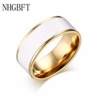 nhgbft 8mm wide gold color white epoxy rings for mens women stainless steel wedding engagement rings dropshipping