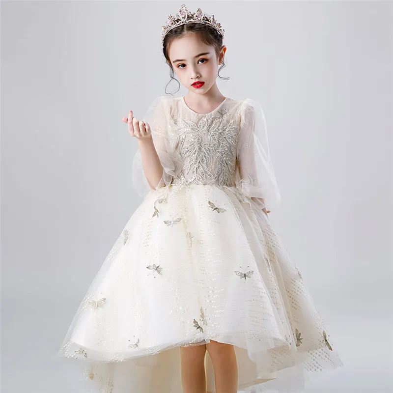 

Baby Kids Sweet Cute Nice Birthday Festivals Party Wedding Front Short Back Long Mesh Dress Little Girls Piano Costumes Dress
