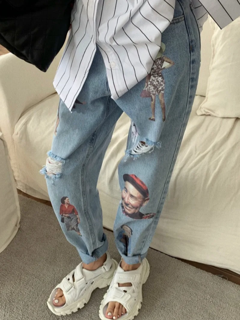 

High Waist Jeans Women's Printed Loose Ripped Hole Distressed Straight Pants 2021 Summer New Woman Wide Leg Pants