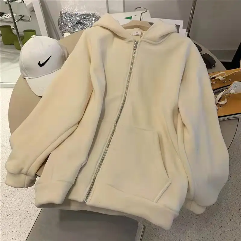 

Oversized Women Hoodie Winter Loose Plush Thickened Cardigan Jacket Women's Fleece Zipper Hoodies Female Leisure Large Size Coat