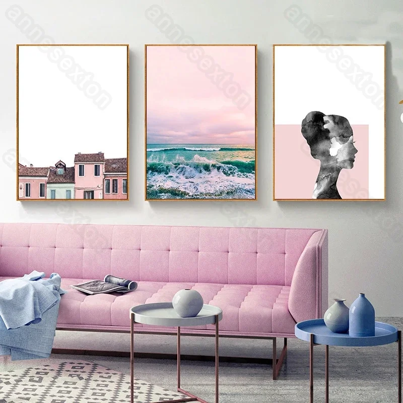 

Art Pictures Houses Seaside Scenery Rainbow-Like Sky Nordic Style Canvas Painting Poster for Living Room Bedroom Wall Decoration