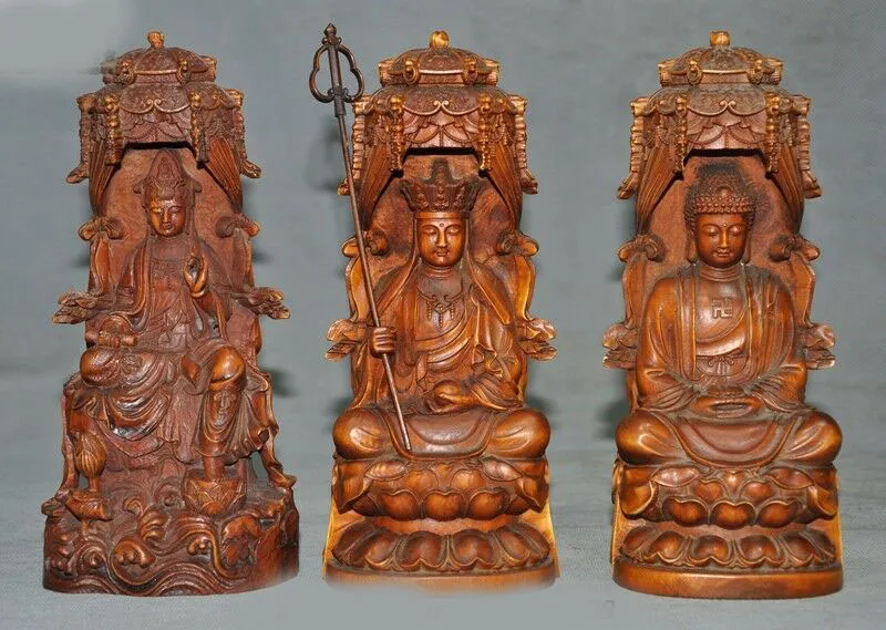 

Свадебные украшения старый Тибет Самшит резьба дзизо Бодхисаттва Гуаньинь Шакьямуни 3 статуя Будды набор