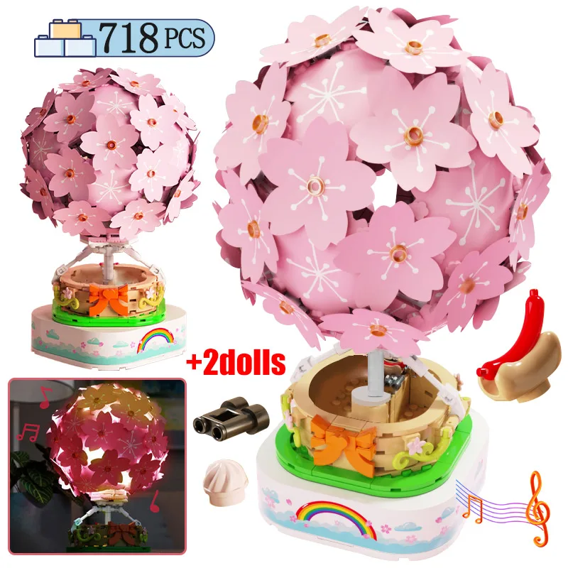 

City Street View Creative Sakura Hot Air Balloon Building Blocks Cherry Blossoms Music Box House Friends Brick Toys for Children