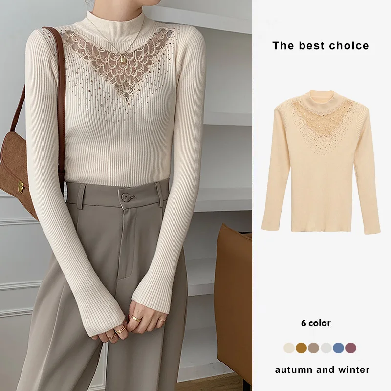 

Fashion Diamond Basic Knitted Sweater Women Pullover Office Lady Inner Slim Elegant Sweater Long Sleeve Top High Quality