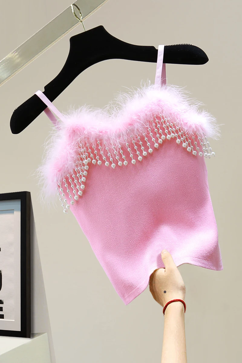

Summer Tops Female 2021 Korean Slim Fit Sling Fashion Bead Furry Stitching Pure Color Knitted Vest Women Sexy Pink Crop Tops