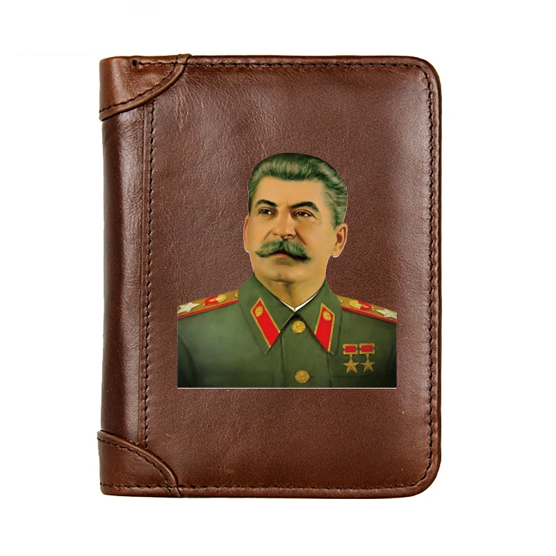 

Роскошный кошелек из натуральной кожи для мужчин, тонкий бумажник с кармашком для карт и изображением героя СССР Сталина, Короткие Кошельки...