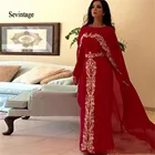 Платье для выпускного вечера Sevintage, красное, арабское, Марокканское, кафтан, с накидкой, золото кружевной с аппликацией шифоновый, абайя, Дубай