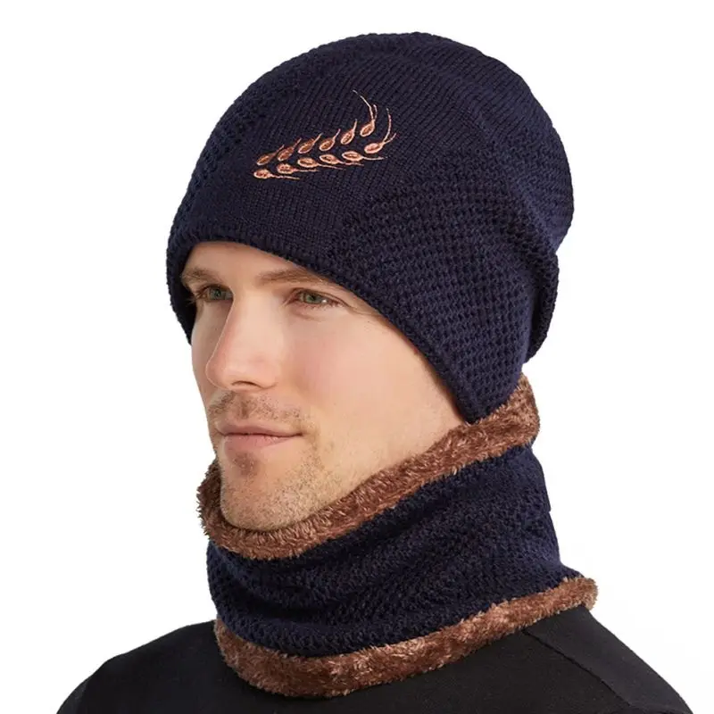 

2021 Men Knitted Woolen Hats Autumn And Winter Wheat Ear Hats And Scarf Set Outdoor Sport Cycling Ski Caps