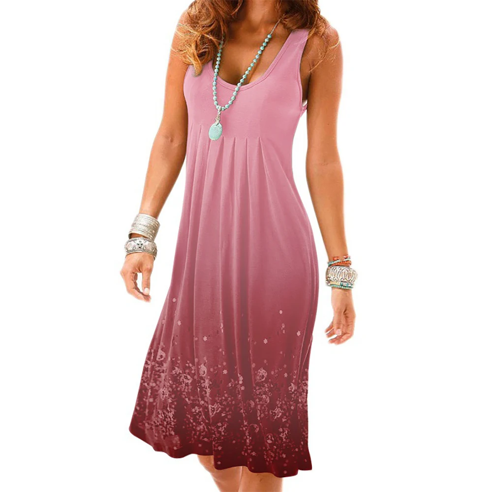 

sexy v-neck Women Printed Sleeveless pleated summer Dress Casual Loose Summer Beach Midi Dress plus size vestidos