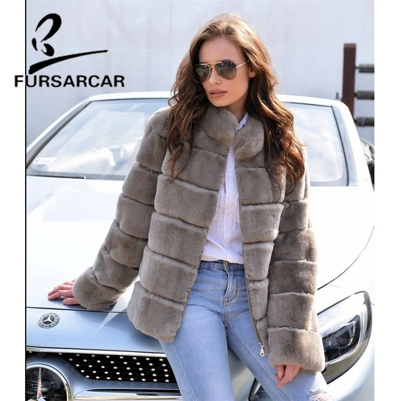 FURSARCAR новые зимние пальто из натурального меха женская модная куртка с мехом кролика рекс с воротником-стойкой толстое теплое пальто из кроличьего меха
