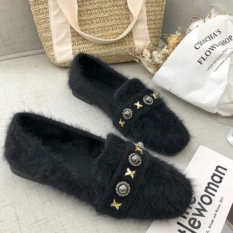 Женские лоферы теплая плюшевая женская обувь на плоской подошве слипоны с