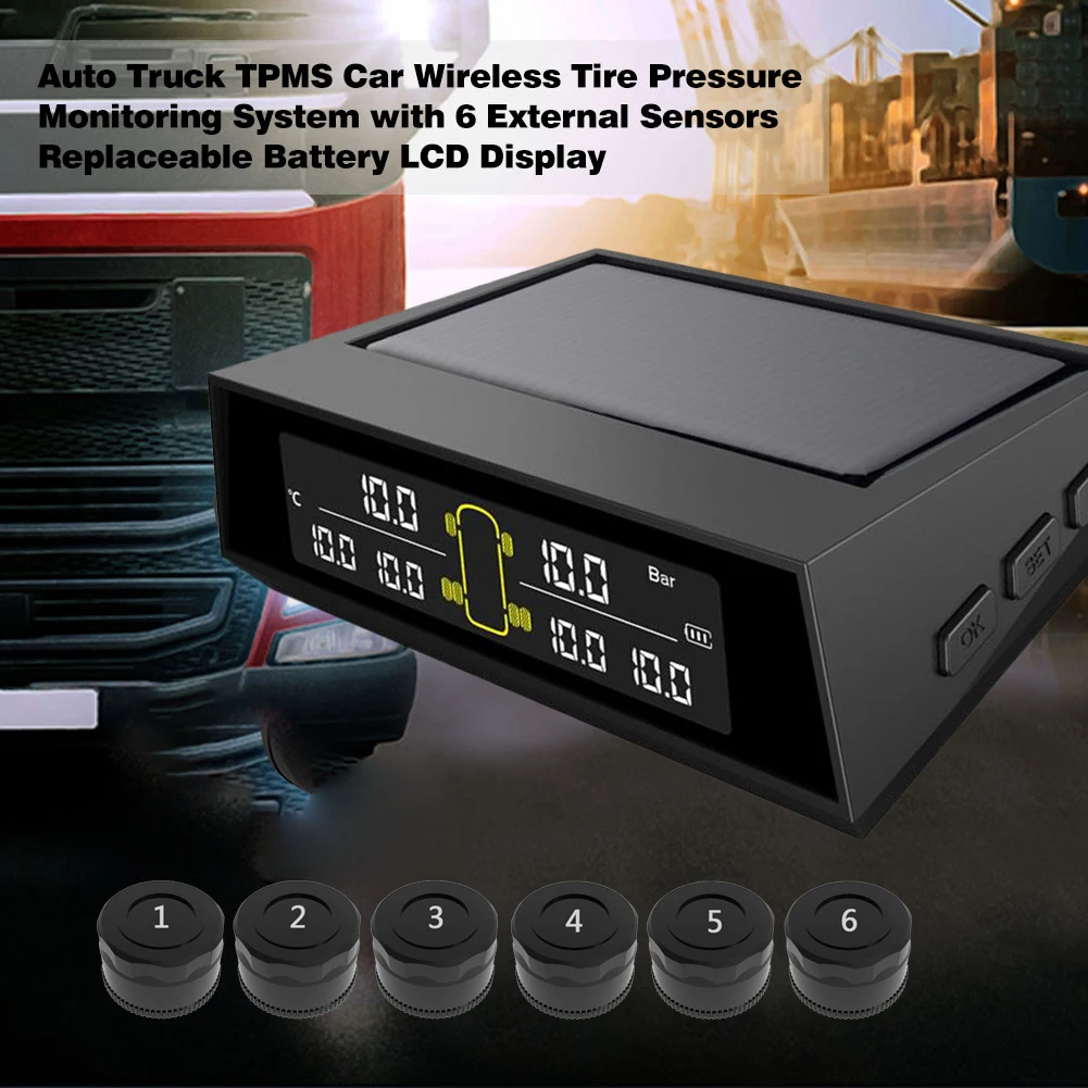 

Auto Solar Wireless Tire Pressure Monitoring System 6 Wheel Truck Bus TPMS 6 External Sensors Replaceable Battery LCD Display