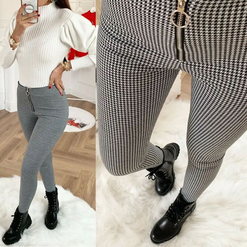 

Women Tartan Plaid High Waist Trousers Ladies Checked Slim Fit Long Pencil Pants