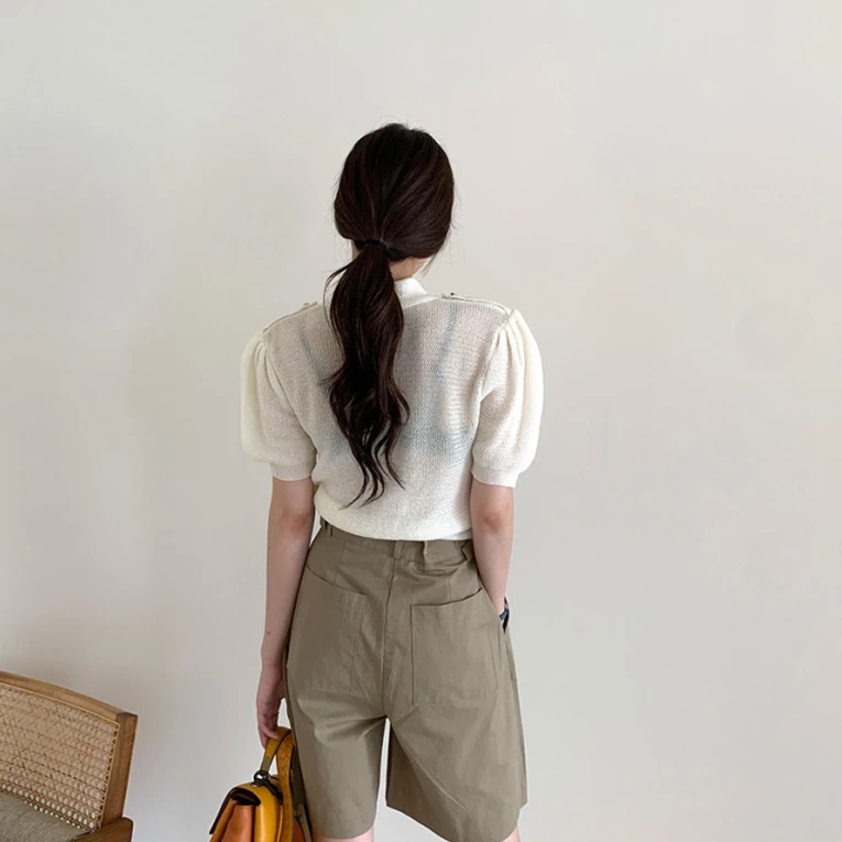 

Fashion Women's Knitwear 2021 Summer Thin Puff Sleeve Round Neck Knit Cardigan