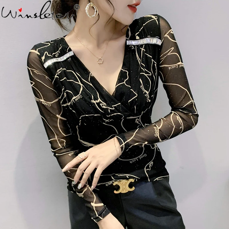 

Fall Winter European Style Mesh T-Shirt Fashion Sexy V-Neck Print Shiny Diamonds Women Tops Long Sleeve Casual Tees 2021 T19203A