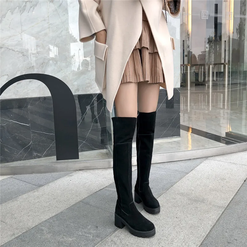 Женские сапоги выше колена MORAZORA черные однотонные Сапоги на платформе и толстом
