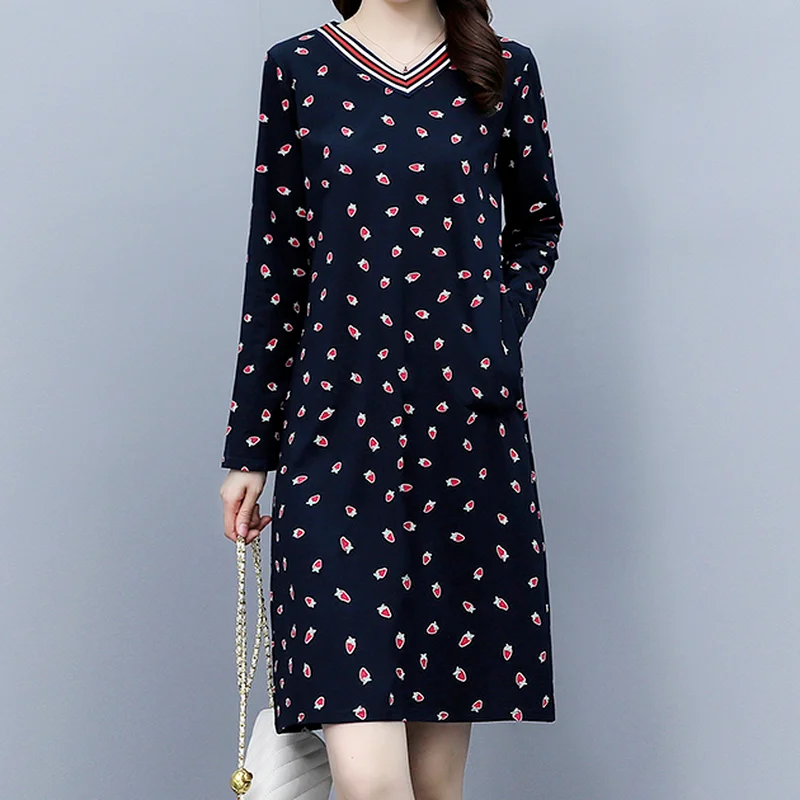 

Cotton Strawberry Dress for Women Autumn New Fashion Striped V-Neck Long Sleeve Midi Dresses Lady Sweet A-LINE Casual Clothes