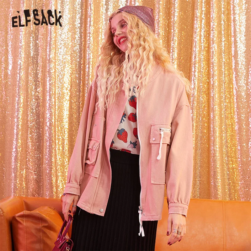 ELFSACK, одноцветное, с вышивкой Бетти, минималистичное Женское пальто, осень, длинный рукав, лента, молния, свободные, повседневные женские куртки