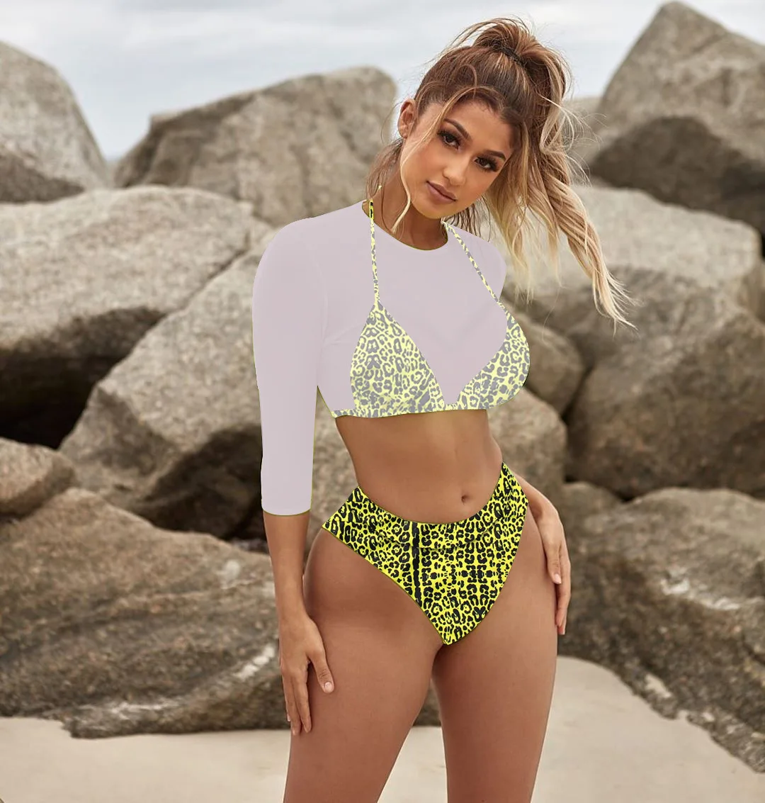 

Women's Swimsuit Mesh Three-Piece Bikini Split Swimwear High Waist Sexy Long-Sleeved Bathing Suit Sunscreen Surfing