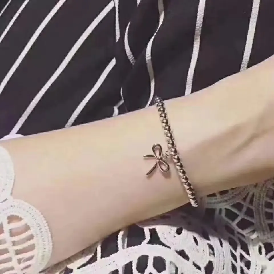 

100% Sterling Silver, High Quality Bow 4mm Round Bead Bracelet, Female Custom Length Charm Bracelet Free Shipping