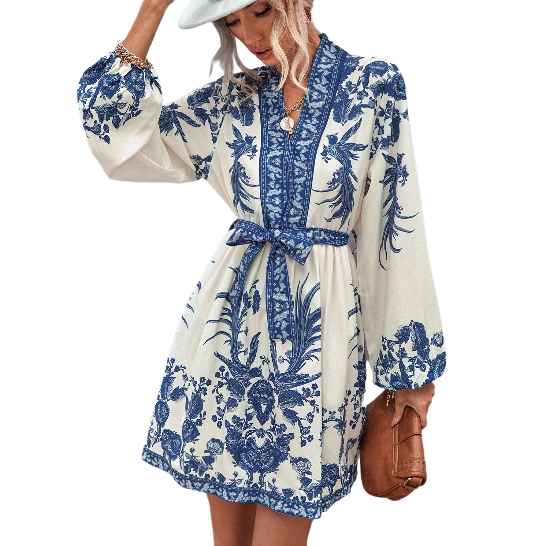 

Fashion Casual V-neck Printed Long Sleeve Dress For Women