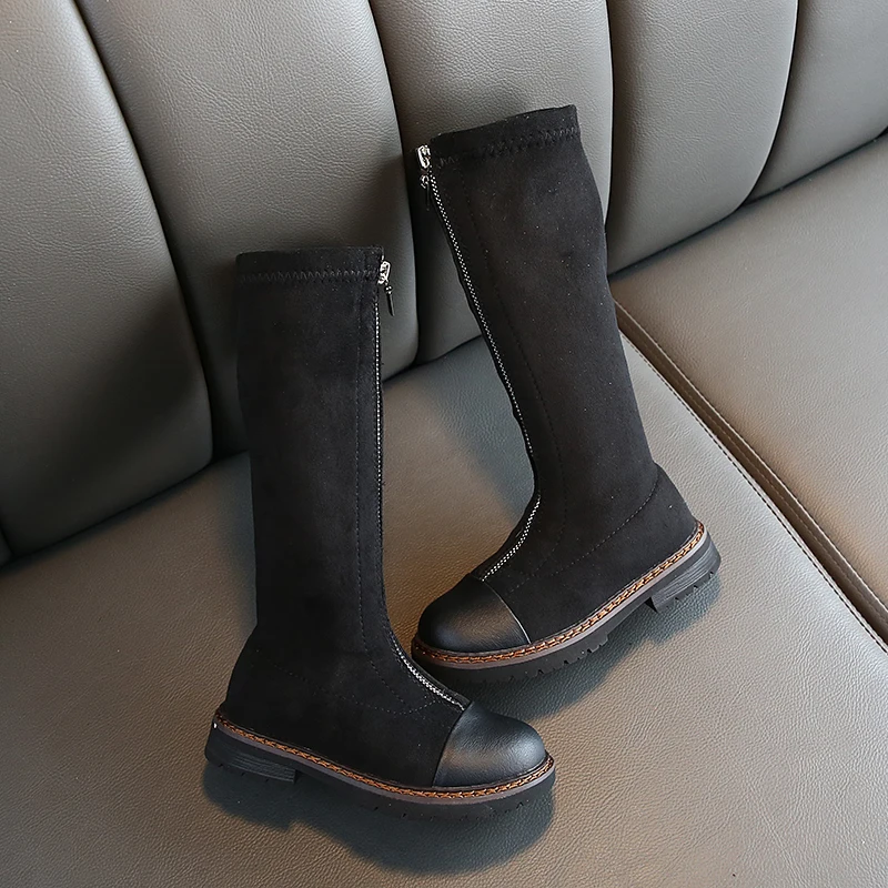 Детская обувь черные сапоги для девочек Однотонные теплые зимние до колена